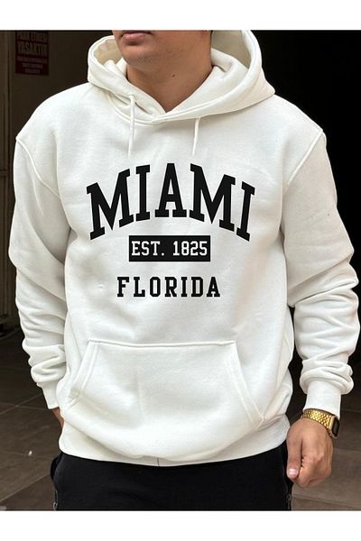 DEEPSENCE Λευκό ανδρικό φούτερ με κουκούλα Oversize - MIAMI Printed