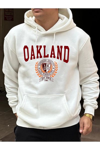 DEEPSENCE Λευκό ανδρικό φούτερ με κουκούλα Oversize - OAKLAND Printed