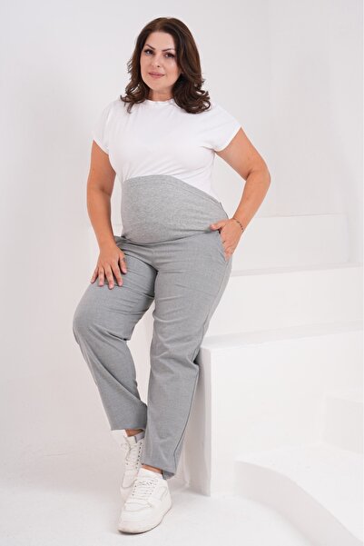 BIG LESSON Plus Size Maternity Mom Fit Gabardine Pants - Flexible, Abdominal Band and Waist Adjustable Gray