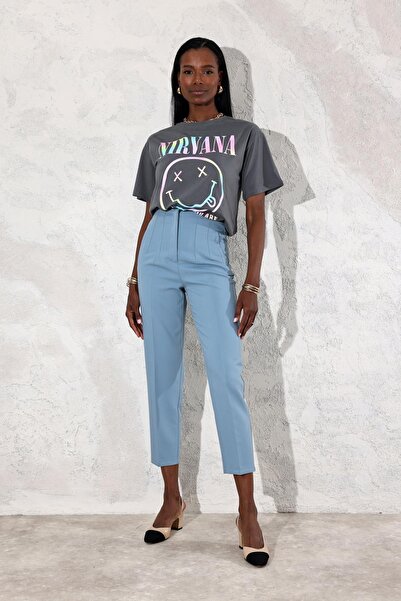 TUĞÇE ÖZER BUTİK Light Blue Flat Front Trousers 5113