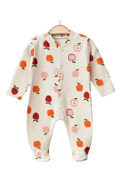 dinamik çocuk Newborn Baby Booties Jumpsuit Apple Patterned Trophy Fabric Thin Seasonal Jumpsuit with Straps 1-3-6 Months
