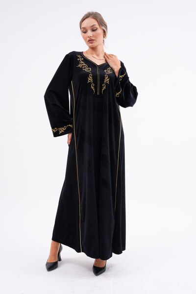 Eceyaman moda Copy - Women's Black Sleeves and Collar Yellow Embroidery Velvet Large Size Dress