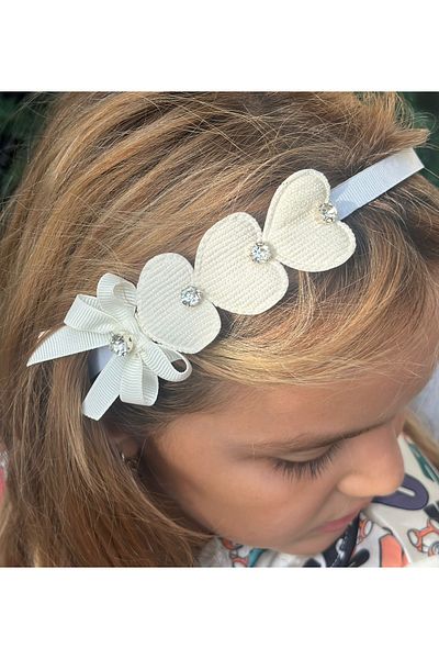 QUEEN AKSESUAR 3-Piece Special Design - Women's Crown with Stone Detail and Heart, White Cream