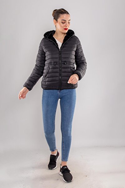 Robin D89325 Slimfit πουπουλένιο παλτό με κορδόνι στη μέση και επένδυση από γούνα με κουκούλα