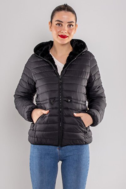 Robin D89325 Slimfit πουπουλένιο παλτό με κορδόνι στη μέση και επένδυση από γούνα με κουκούλα