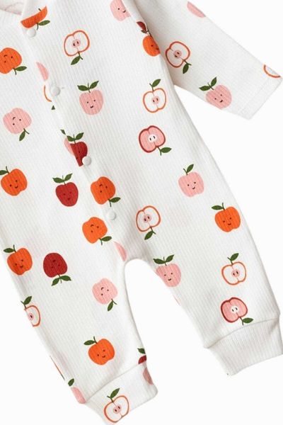 dinamik çocuk Apple Printed Stretchy Ribbed Baby Jumpsuit - 100% Cotton, 1-3-6 Months, Unisex