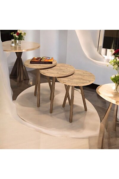 Mobezzo Zigon Sehpa Ahşap Ayaklı Çam 3'lü Yuvarlak