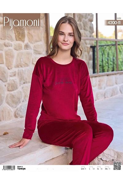 Pijamoni طقم بيجامة شتوية نسائية من الليكرا المخملية الناعمة برقبة دائرية 4200/11 - قطعة واحدة