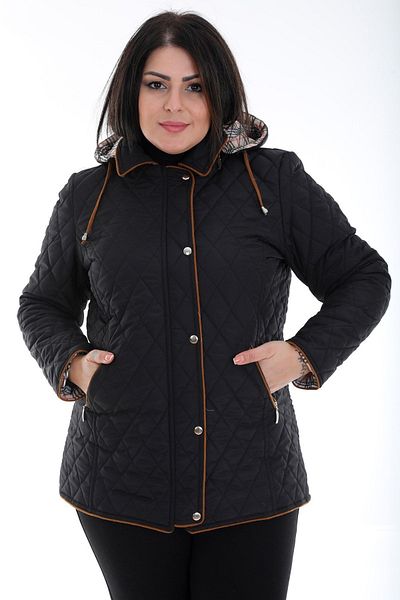 TUTveAL Collection Palton matlasat negru de mărime mare - imprimeu în carouri, glugă și rezistent la apă