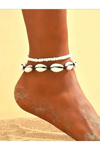 Roe takı aksesuar Seashell and Miyuki Beaded Anklet Set of 2