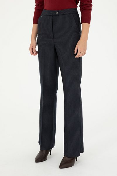 U.S. Polo Assn. Women's Navy Blue Striped Slim Flare Fit Canvas Trousers 50298552 -Vr033