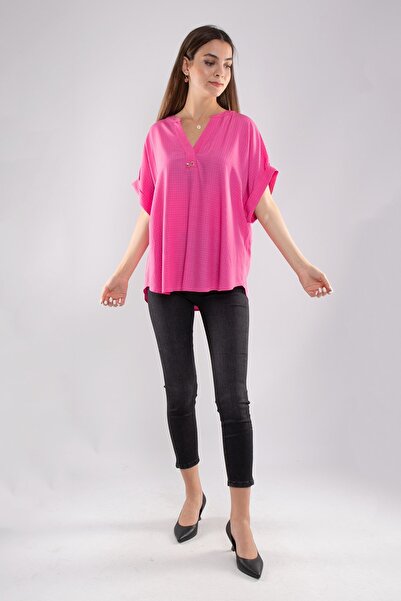 AYHAN 81699 Kendinden Kareli V Yaka Broşlu Viscon Bluz