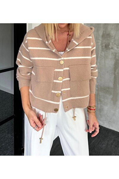 MELEDYA ÇİZGİLİ KAPİŞONLU TRİKO CEKET