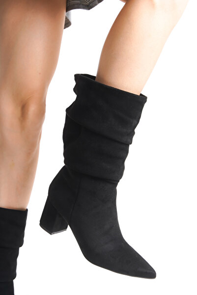 SEEM & BE Körüklü Kalın Topuklu Sivri Burun Kadın Uzun Siyah Süet Bot