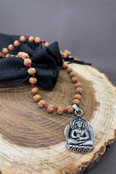 Balzamin Design Rudraksha Mala Buddha Kolye Çelik Budha Uçlu El Yapımı Makrome Ayarlanabilir Düğüm Kolye