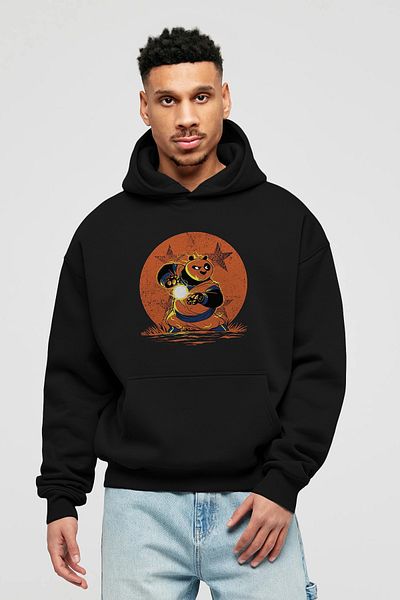 Ankhises Hanorac negru cu glugă supradimensionat cu model Kung Fu Panda
