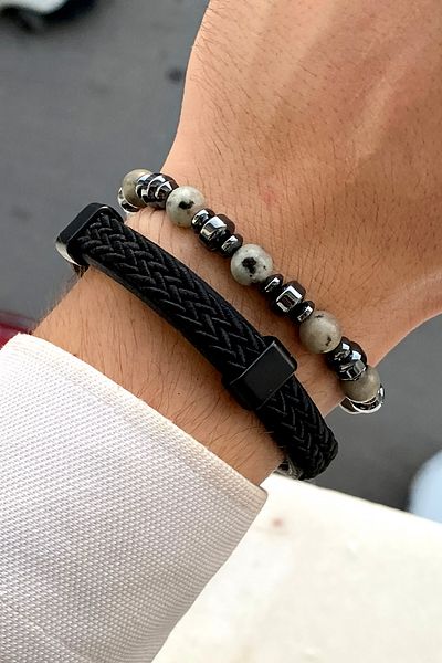TAKIPORT Premium Quality Stylish Design Men's Leather Bracelet & Natural Stone Bracelet Set with Magnet Clip