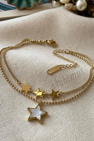 Hobimos Steel Double Mother of Pearl Star Anklet