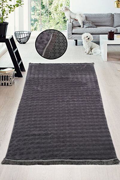 Teksev Bubble Anthracite Color Sports Fringed Cutting Plush Runner Machine Washable Non-Slip Based Carpet
