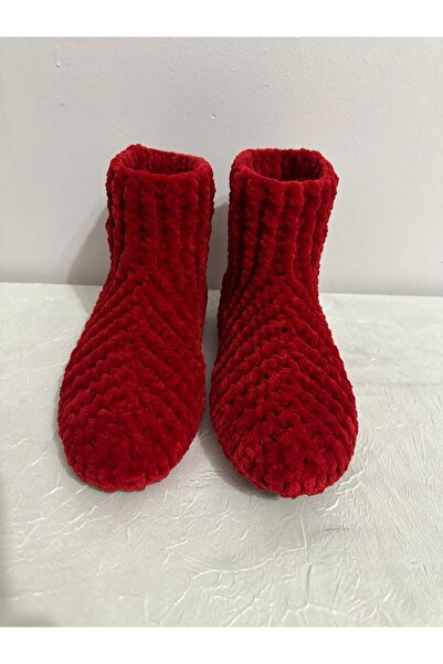 MERUT STYLE HAYATINI RENKLENDİR El örgüsü kadife ip kırmızı düğme detaylı ev botu panduf