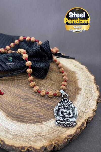 Balzamin Design Rudraksha Mala Buddha Kolye Çelik Budha Uçlu El Yapımı Makrome Ayarlanabilir Düğüm Kolye