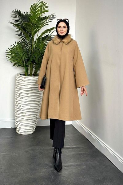 MERVEN AKYÜZ Παλτό Camel Cashmere - Oliwer με γούνα και επένδυση στο γιακά