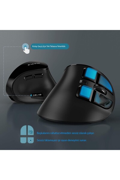 KENLY Bluetooth+2.4g Kablosuz Dikey Ergonomik Şarj Edilebilir Sessiz Mouse
