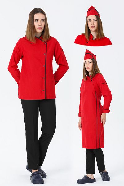 TIPTEKS Women's Classic Red Cook Jacket, Sling Apron and Cap - Black Piping and Black Pants Cook Set of Four
