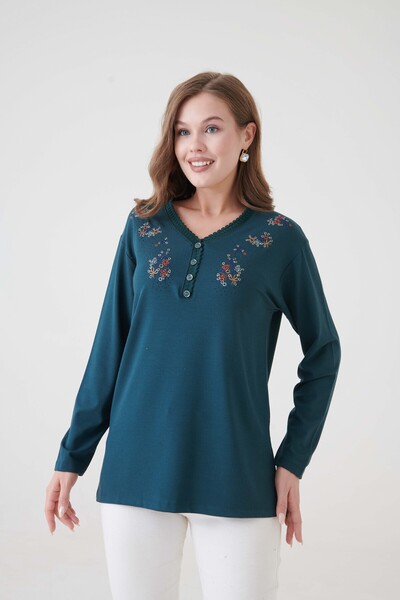 Millano Εποχιακή μητρική μπλούζα με λαιμόκοψη σε σχήμα V, κεντημένη, με λεπτομέρεια με κουμπιά, εξαιρετικής ποιότητας.