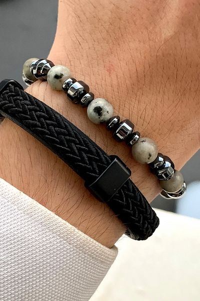 TAKIPORT Premium Quality Stylish Design Men's Leather Bracelet & Natural Stone Bracelet Set with Magnet Clip