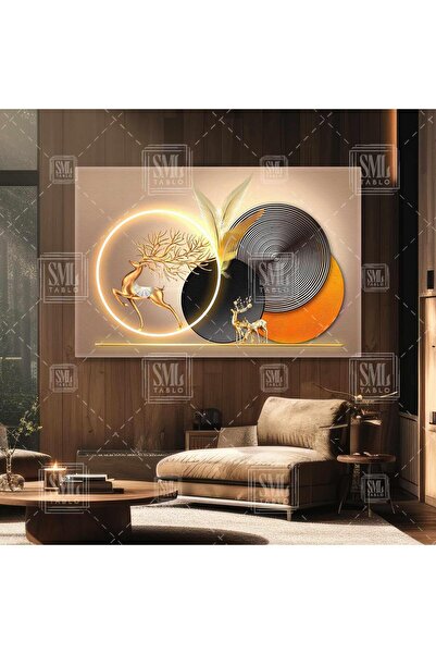 SML TABLO Altın Geyikler Gold Detaylı Geyik Elegant Lüks Dekoratif Yatay Kanv...