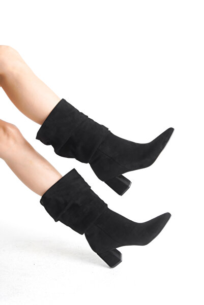 SEEM & BE Körüklü Kalın Topuklu Sivri Burun Kadın Uzun Siyah Süet Bot