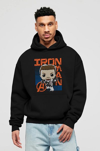 Ankhises Iron Man (4) Hanorac negru cu glugă supradimensionat pentru bărbați și femei