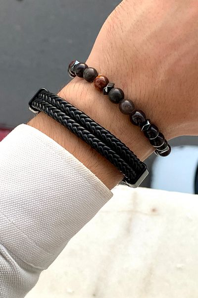 TAKIPORT Premium Quality Stylish Design Men's Leather Bracelet & Natural Stone Bracelet Set with Magnet Clip