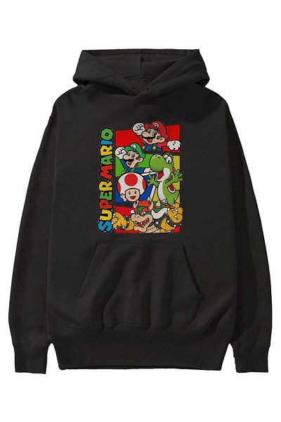 Ankhises Hanorac negru oversize cu glugă cu imprimeu în față Super Mario Bărbați Femei