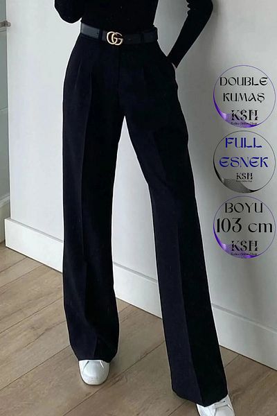 KaSheHa Černé New Season skládané dvojité látkové kalhoty Palazzo 103 cm