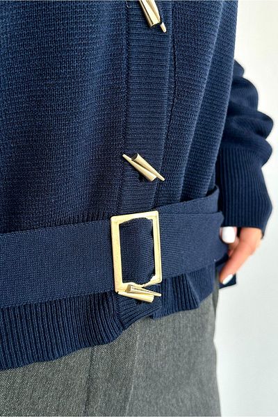 Qu Style Navy Blue Belted Cardigan Th 241025