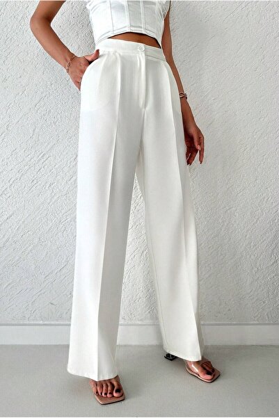 KAŞİHA Beyaz Yeni Sezon Piliseli Spring Double Kumaş Palazzo Pantolon 103 Cm