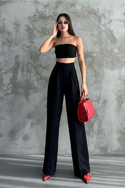 KaSheHa Černé New Season skládané dvojité látkové kalhoty Palazzo 103 cm
