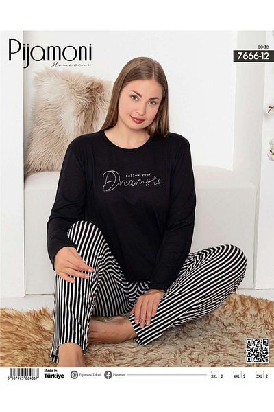 Pijamoni Set pijama subțire cu mânecă lungă, cu gât mare, mărime mare, Milan, 7666/12- 1 bucată