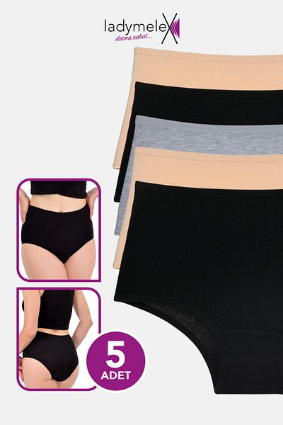 LadyMelex Chiloți pentru femei, slip cu talie înaltă, 5 bucăți, piele neagră gri (S-M-L-XL-2XL-3XL) 100% țesătură moale