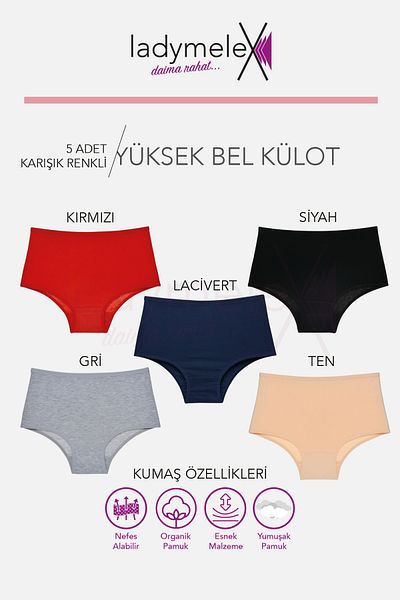 LadyMelex Chiloți pentru femei, slip cu talie înaltă, 5 buc, culori închise (S-M-L-XL-2XL-3XL) 100% țesătură moale
