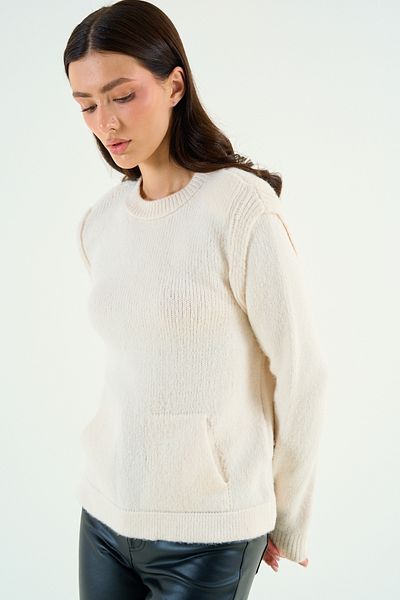 Qu Style Pulover cu umăr vertical cu buzunar crem TK 241138