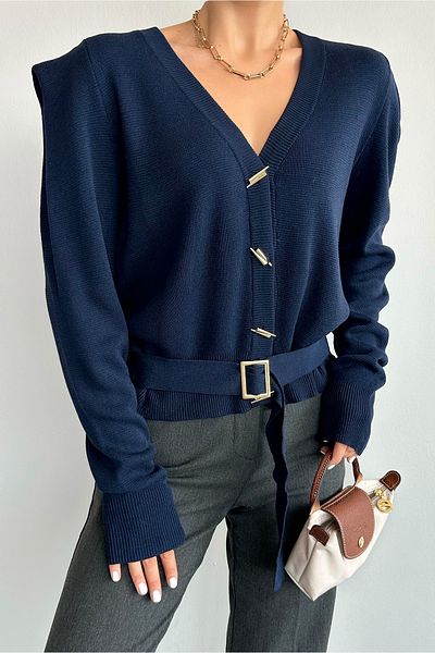 Qu Style Navy Blue Belted Cardigan Th 241025