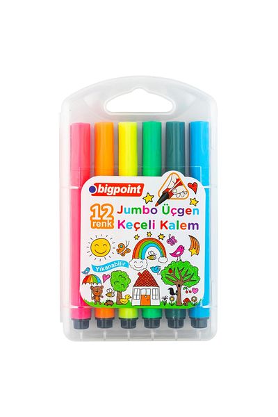 Bigpoint |   Jumbo Triangle Felt Pen Set, Water Based Easy to Clean, Set of 12 Different Colors