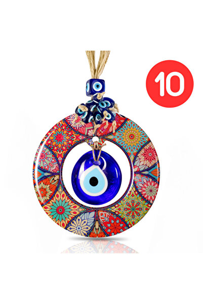 BCS 10 Adet Toptan Cam, Ahşap Nazar Boncuğu Duvar Süsü 13 Cm Çap - Ev, Balkon...