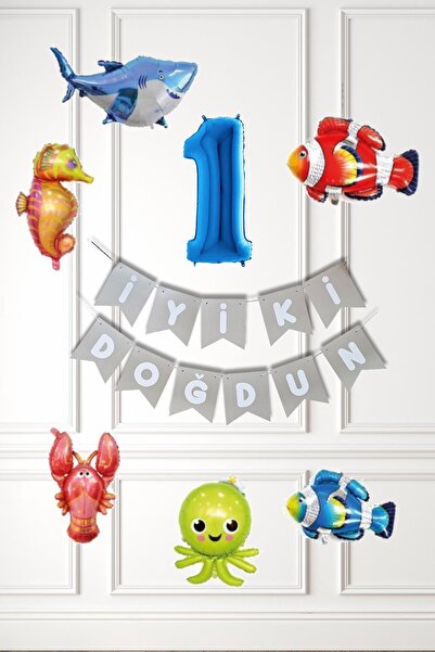 PEKSHOP Su Altı Canlıları Doğum Günü Balon Süsleme Seti Bannerlı Yaş Balonlu ...