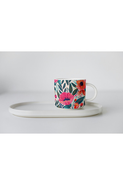 EYBaskı Tasarım White Porcelain Soft Flower Printed Nescafe Cup