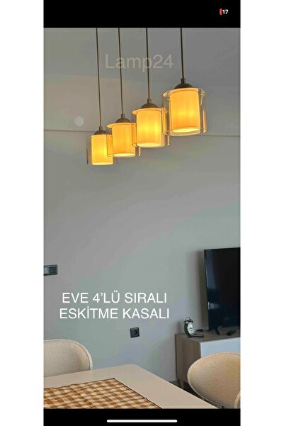 Lamp24 Eve 4lü Sıralı Modern Avize - Full Eskitme Kaplamalı Ve Bal Camlı