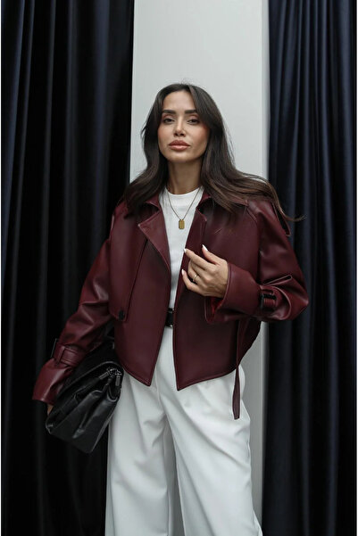 Laleli Butik Μπορντό Κοντό Premium Δερμάτινο Μπουφάν με Μπροστινή Επένδυση με Κουμπιά